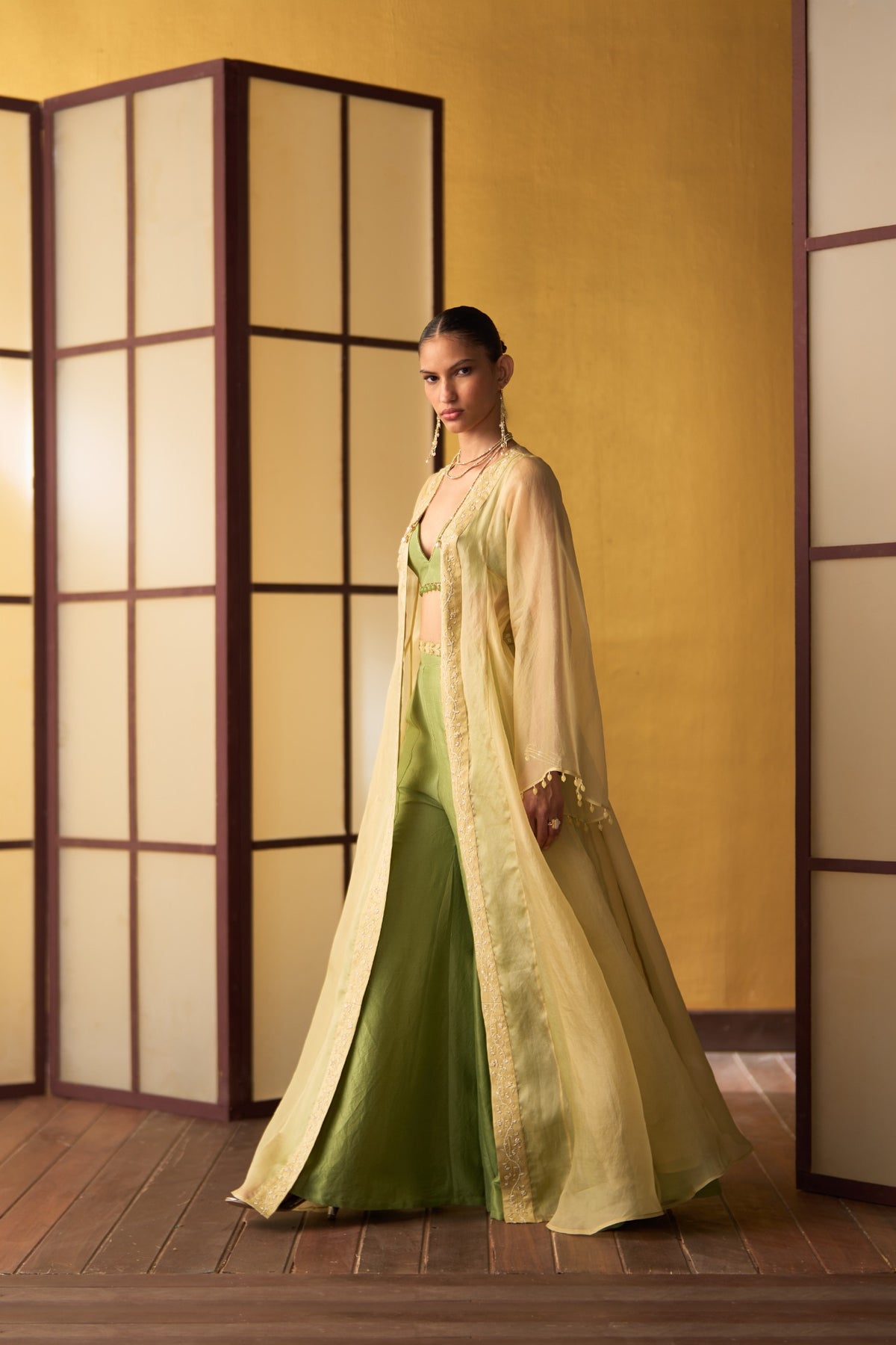 Sora Pistachio Green & Butter Yellow Flared Pant Set with Blouse & Overlay
