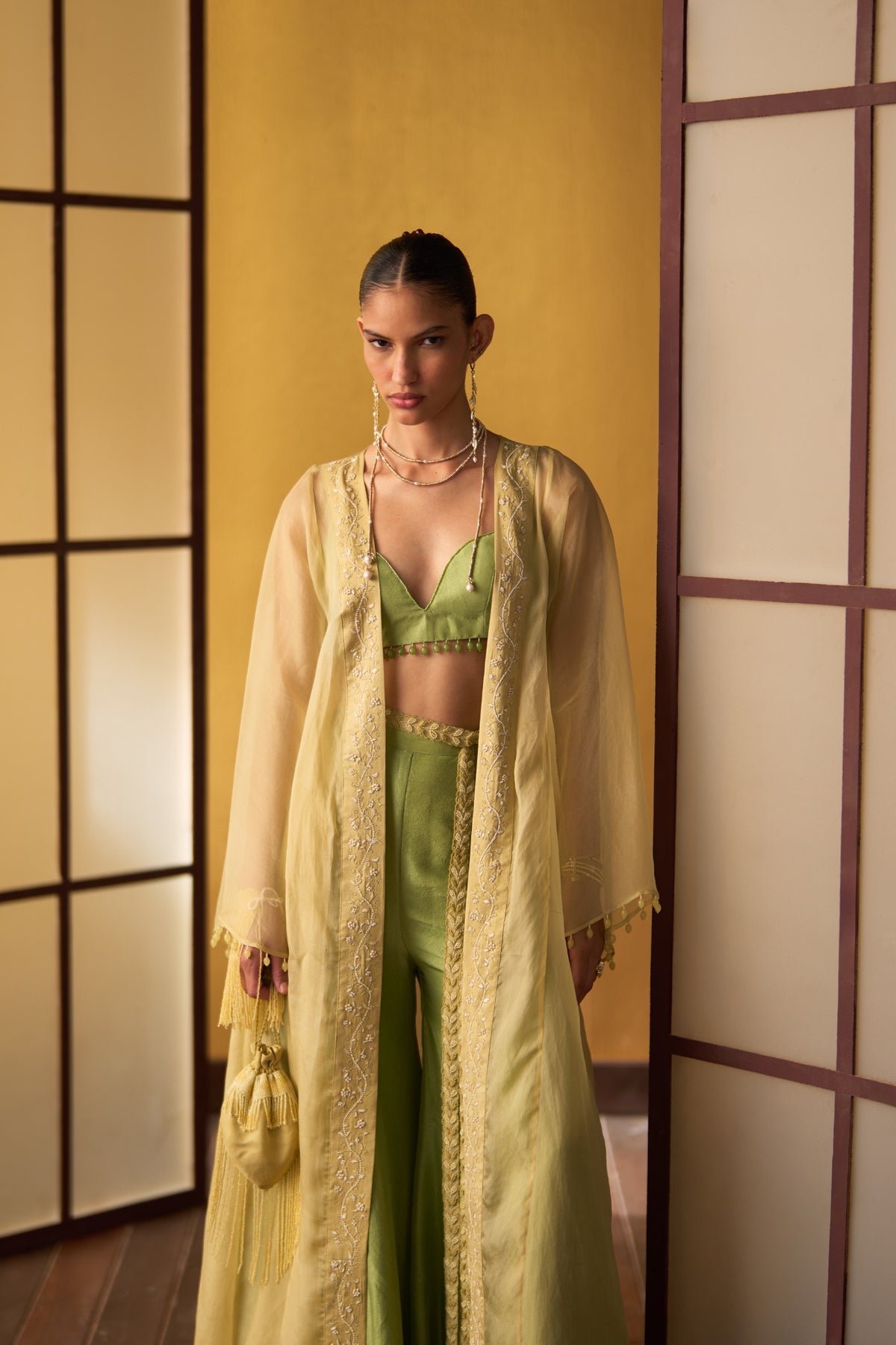 Sora Pistachio Green & Butter Yellow Flared Pant Set with Blouse & Overlay