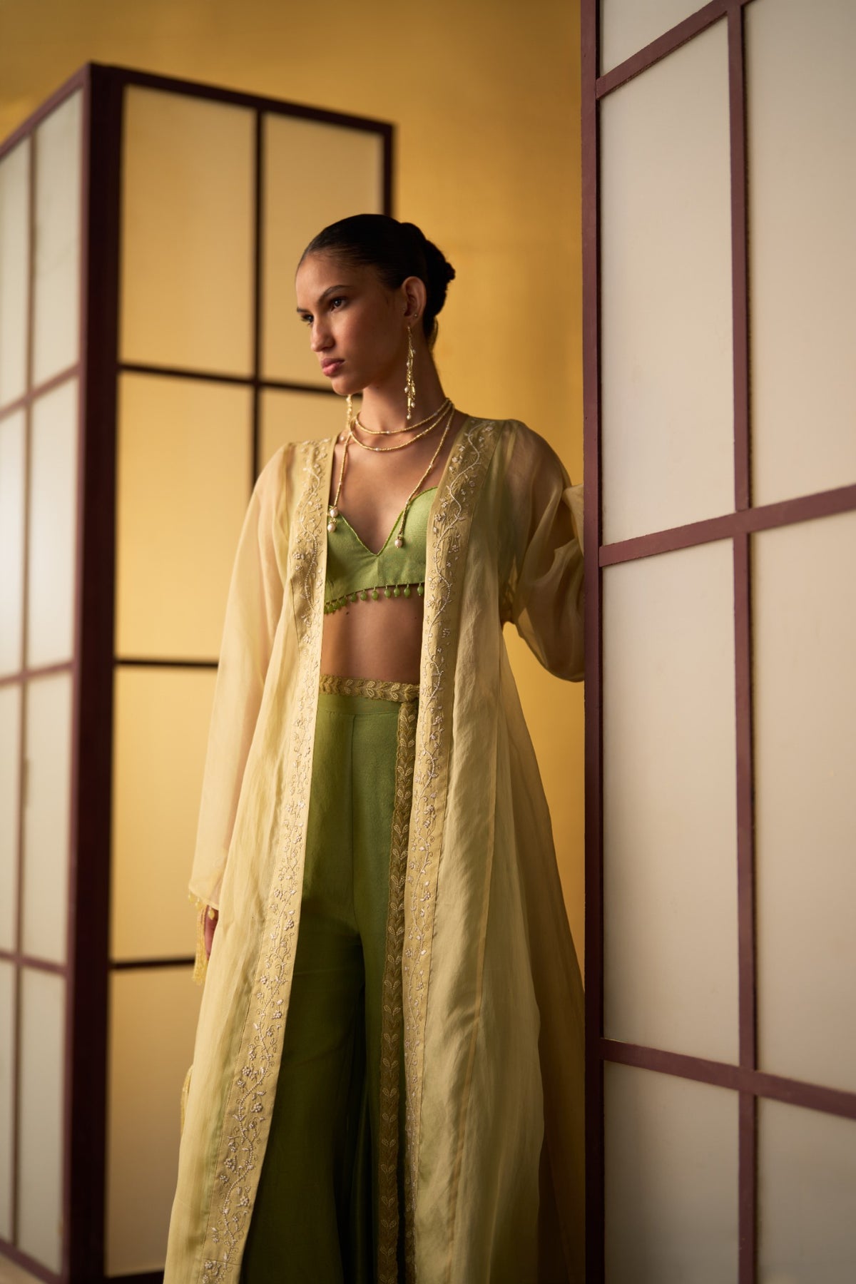 Sora Pistachio Green & Butter Yellow Flared Pant Set with Blouse & Overlay