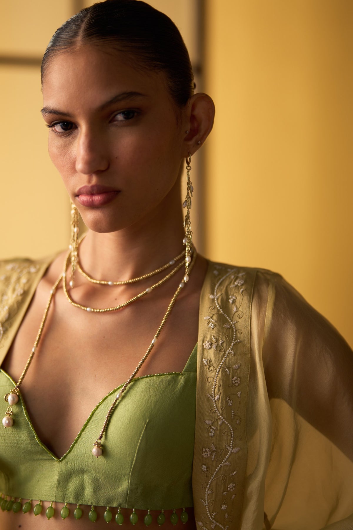 Sora Pistachio Green & Butter Yellow Flared Pant Set with Blouse & Overlay