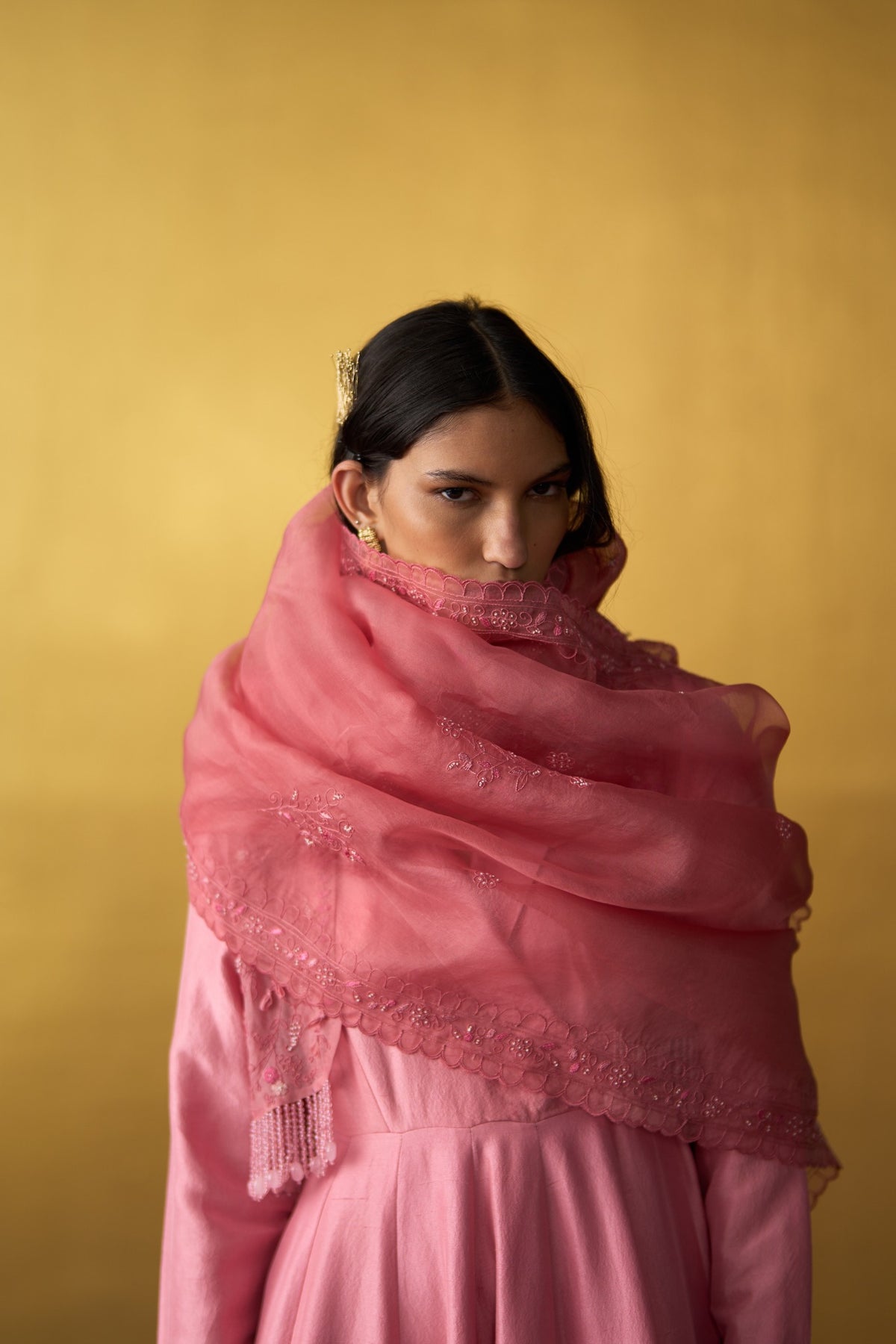 Misaki Rose Pink Kori Dupatta with dori and beadwork
