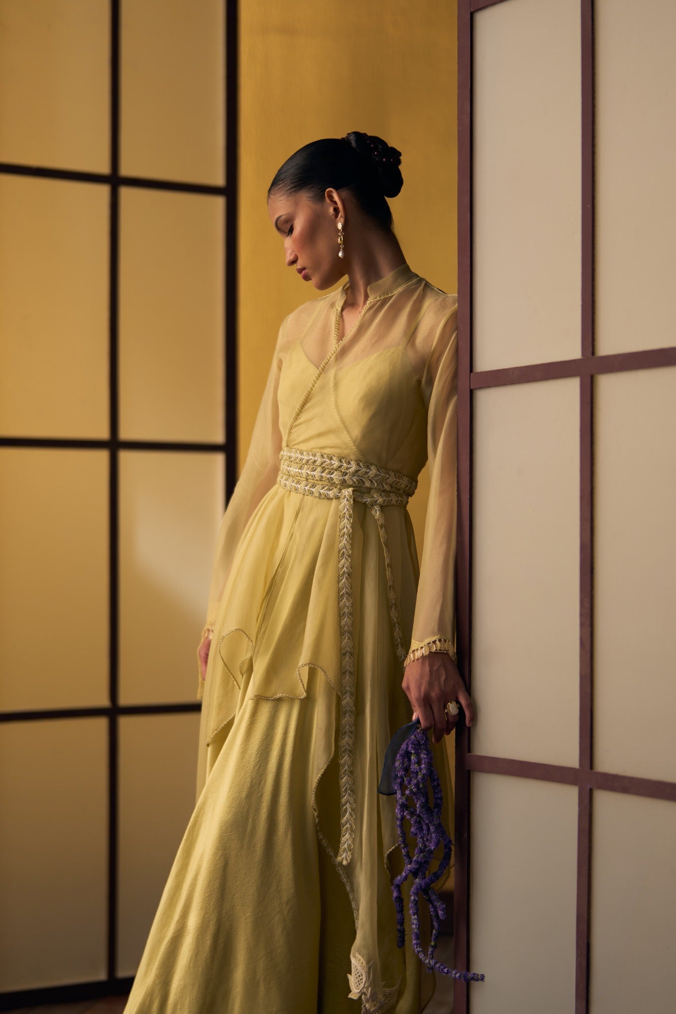 Yuna Butter Yellow Panelled Dress with Overlay