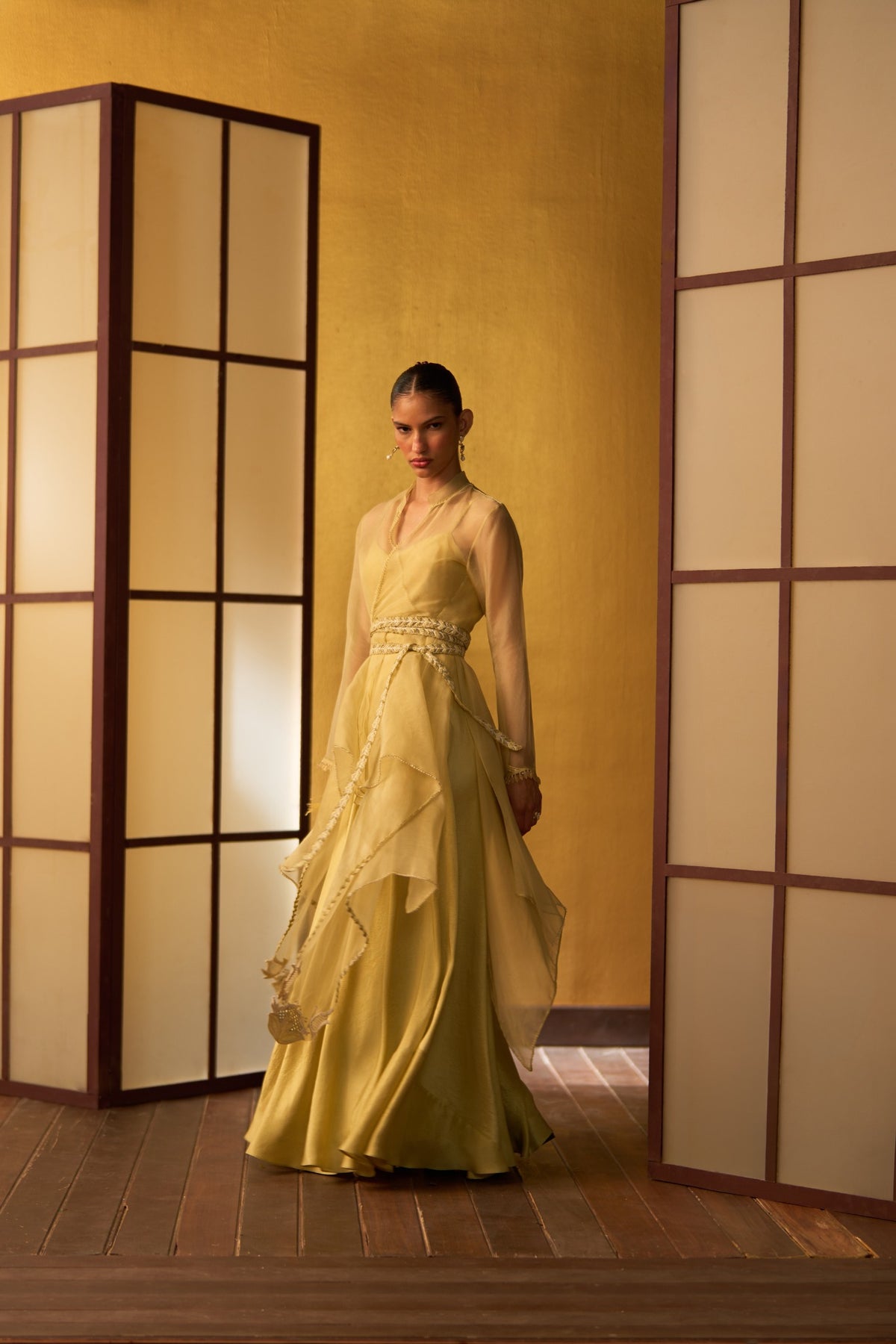 Yuna Butter Yellow Panelled Dress with Overlay