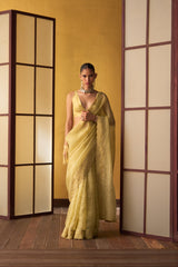 Risa Butter Yellow Kora & Dupion Silk Saree