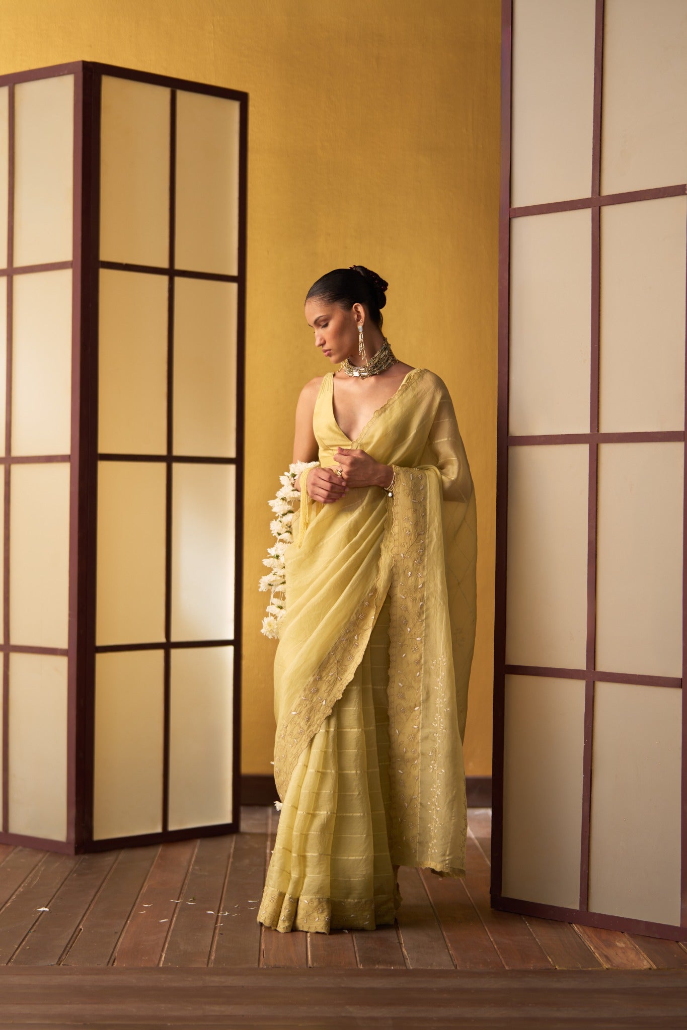 Risa Butter Yellow Kora & Dupion Silk Saree