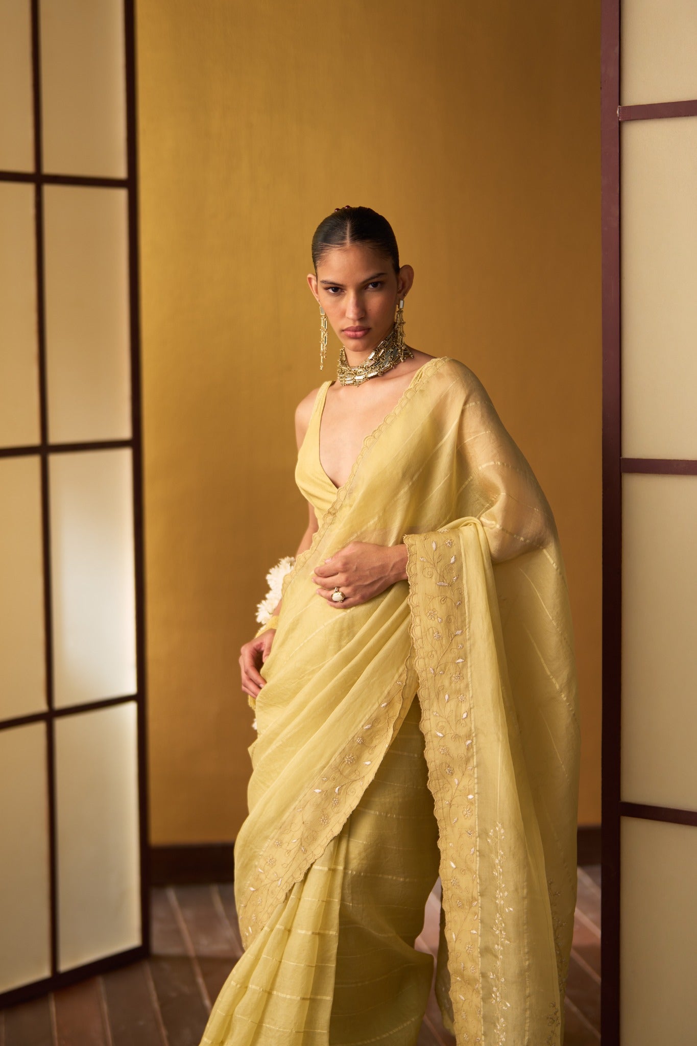 Risa Butter Yellow Kora & Dupion Silk Saree