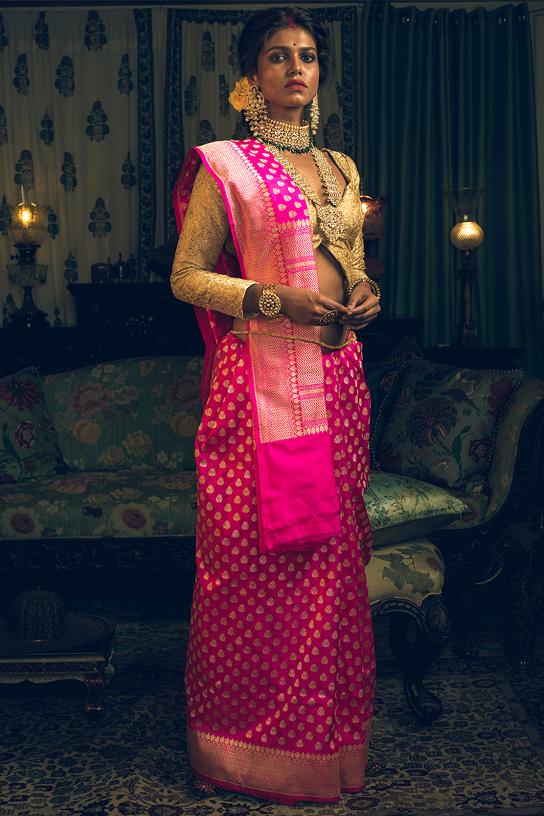 Fuchsia Dual Colored Zari Pure Silk Banarasi Handloom Sari