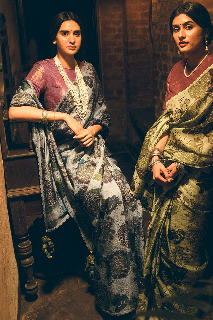 'Asavari' Pale Blue Dahlia Pure Tussar Handloom Sari