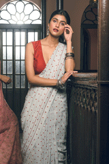 'Malini' Floral Polka Grey Linen Handloom Sari