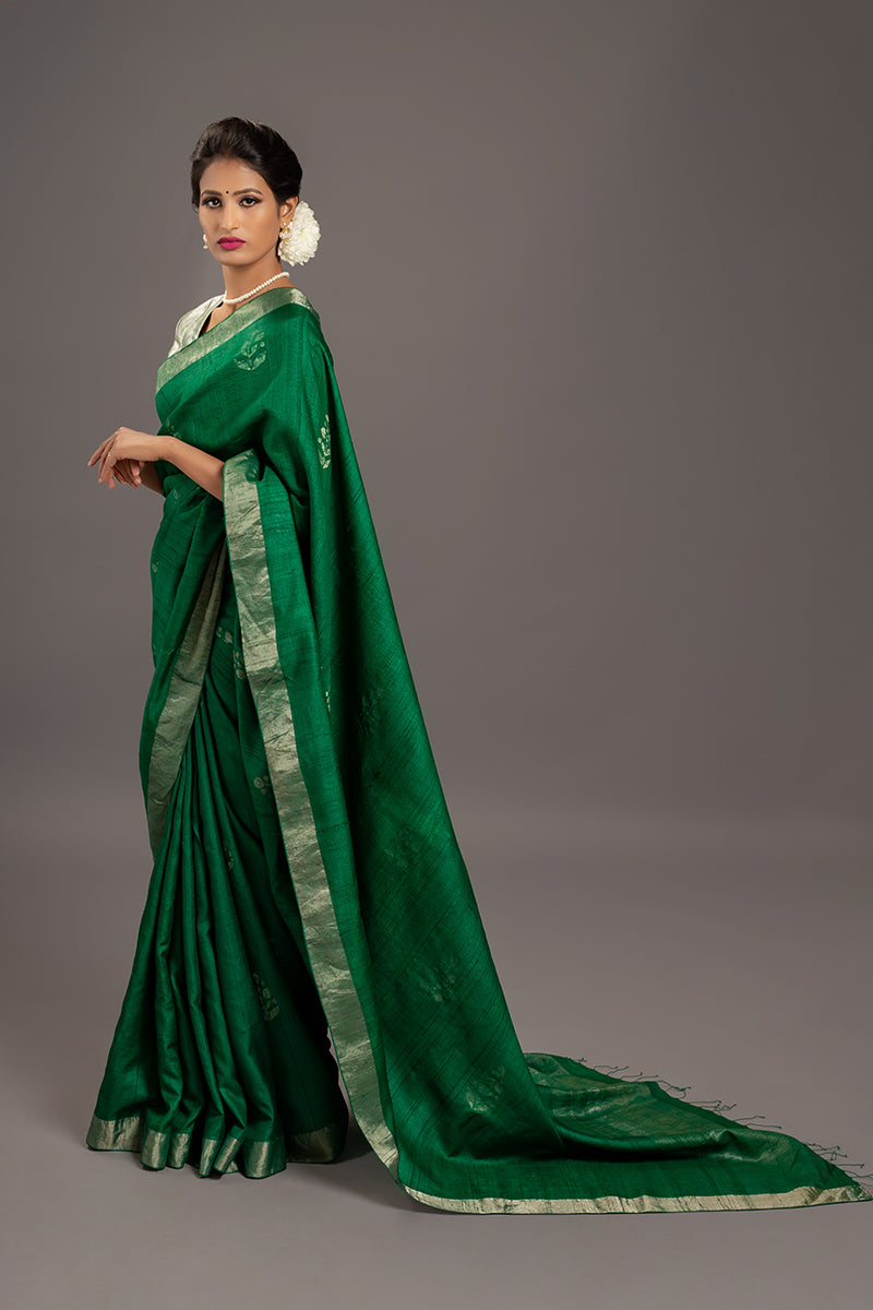 Forest Green Zari Jamdani Pure Tussar Handloom Sari