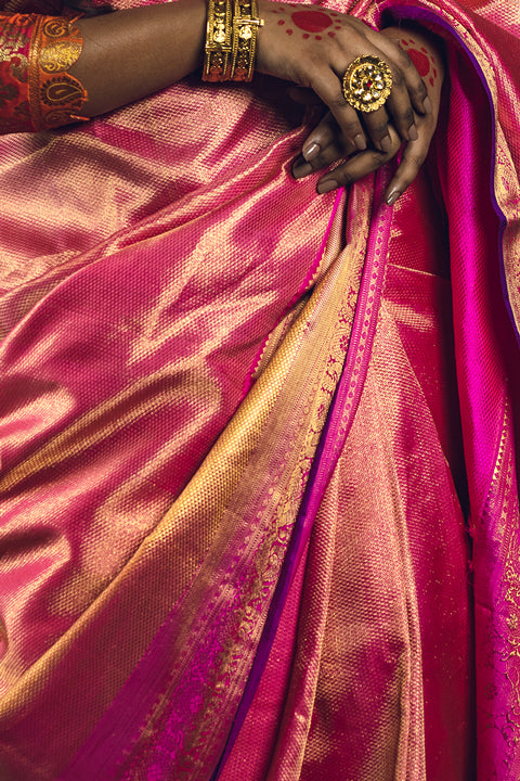 Pink Gold Zari Pure Silk Kanjivaram Handloom Sari