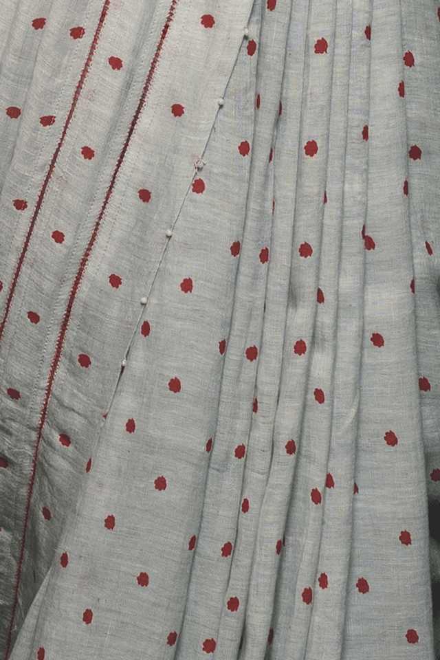 'Malini' Floral Polka Grey Linen Handloom Sari