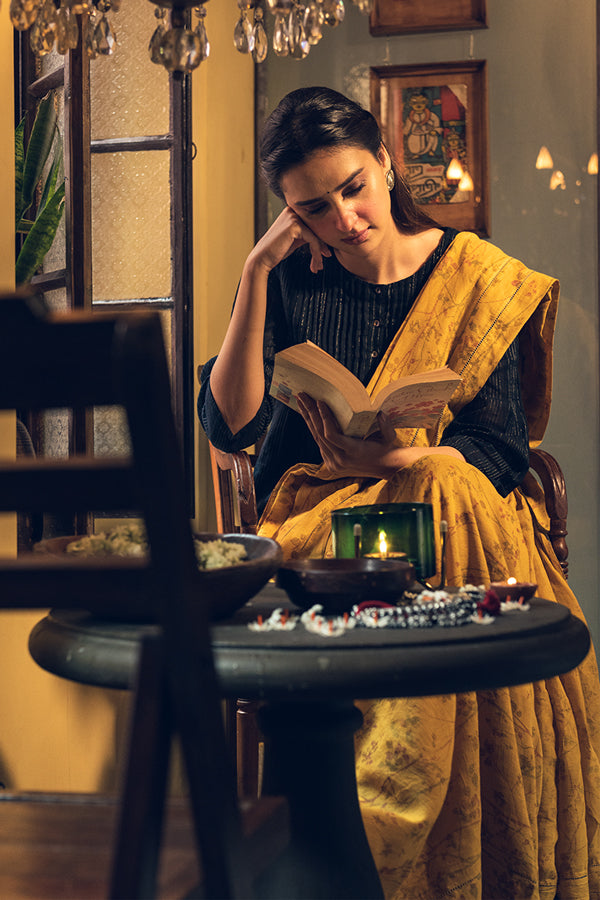 Magnolia Mustard Linen Handloom Sari