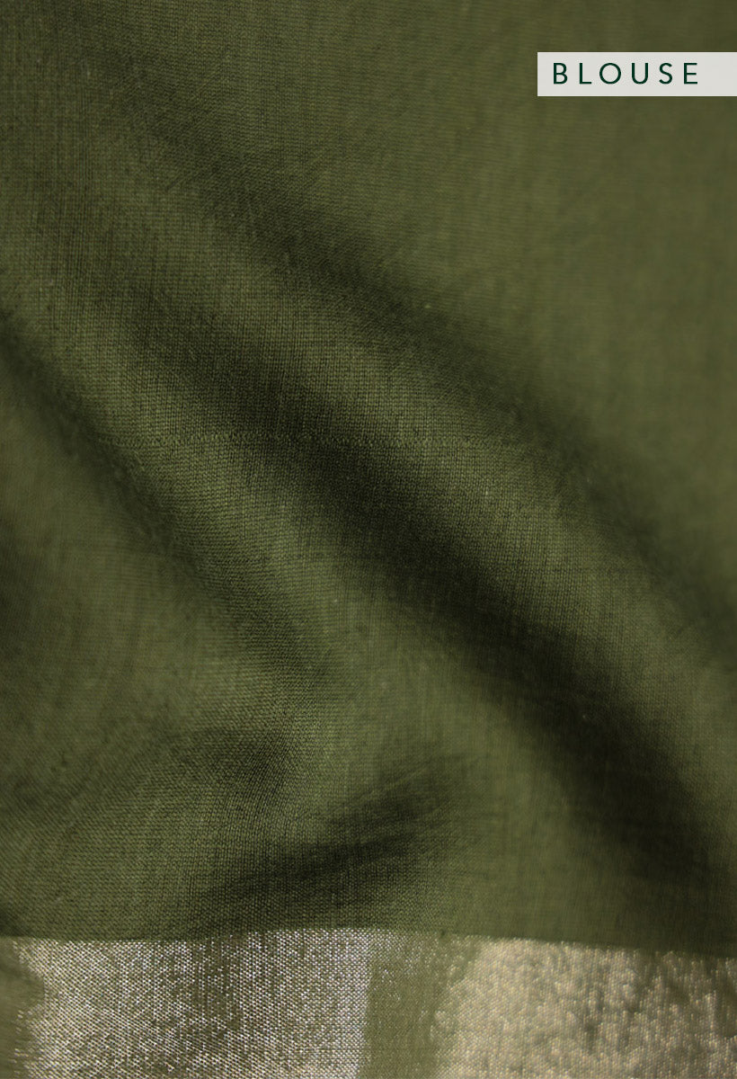 Olive Green Zari Jamdani Tussar Khadi Handloom Sari