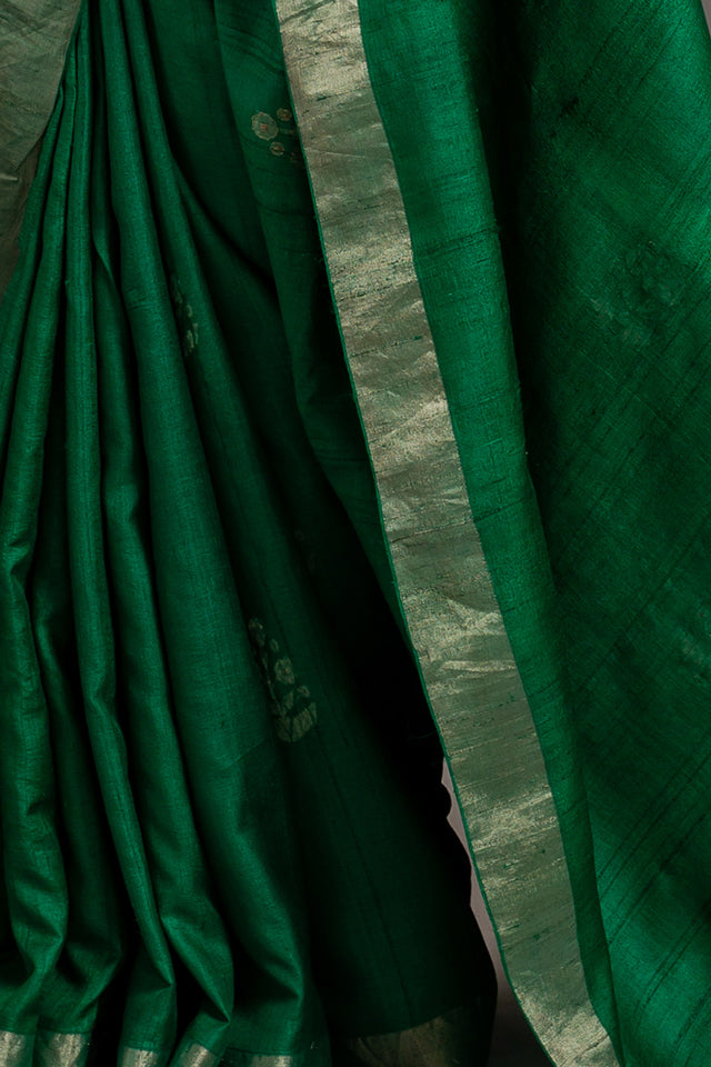Forest Green Zari Jamdani Pure Tussar Handloom Sari