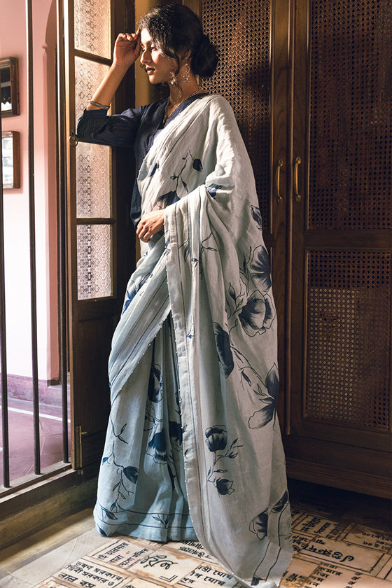Indigo Poppy Flower Linen Handloom sari
