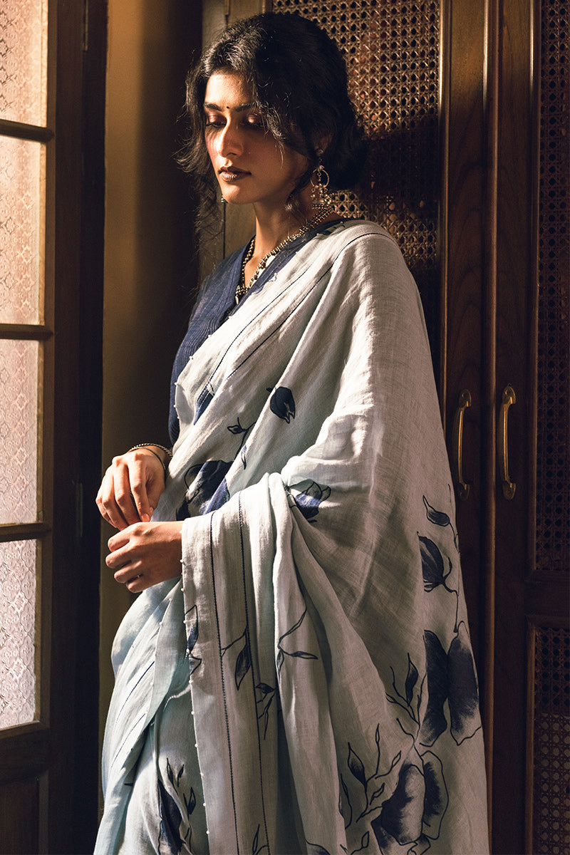 Indigo Poppy Flower Linen Handloom sari