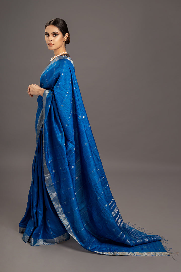 Peacock Blue Zari Jamdani Pure Tussar Handloom Sari