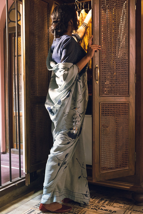 Indigo Poppy Flower Linen Handloom sari