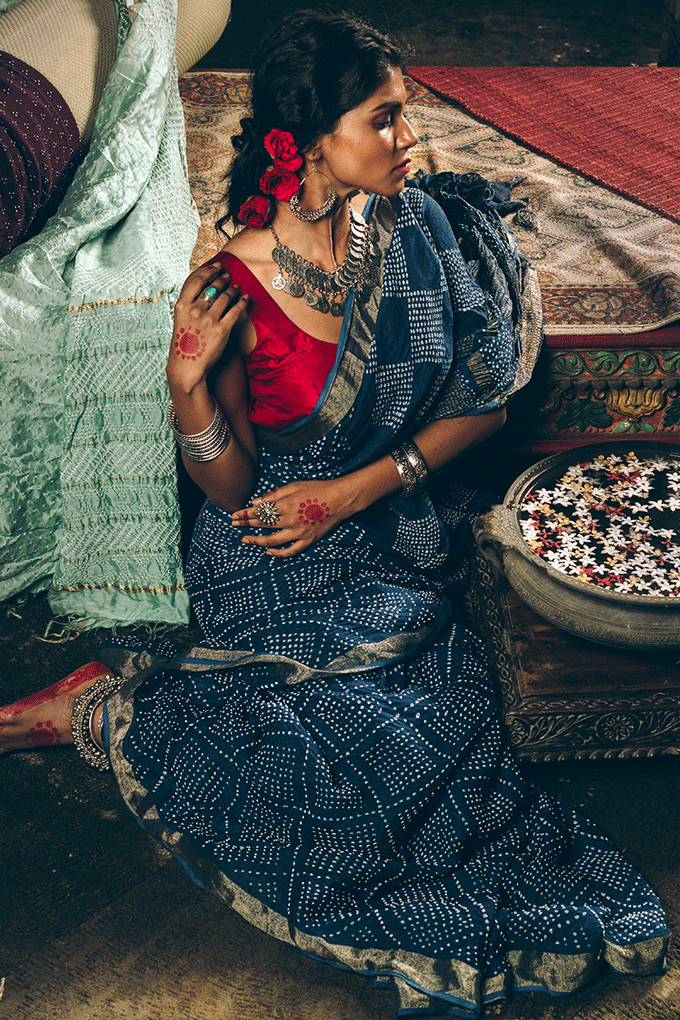 Indigo Bandhini Pure Linen Handloom Sari