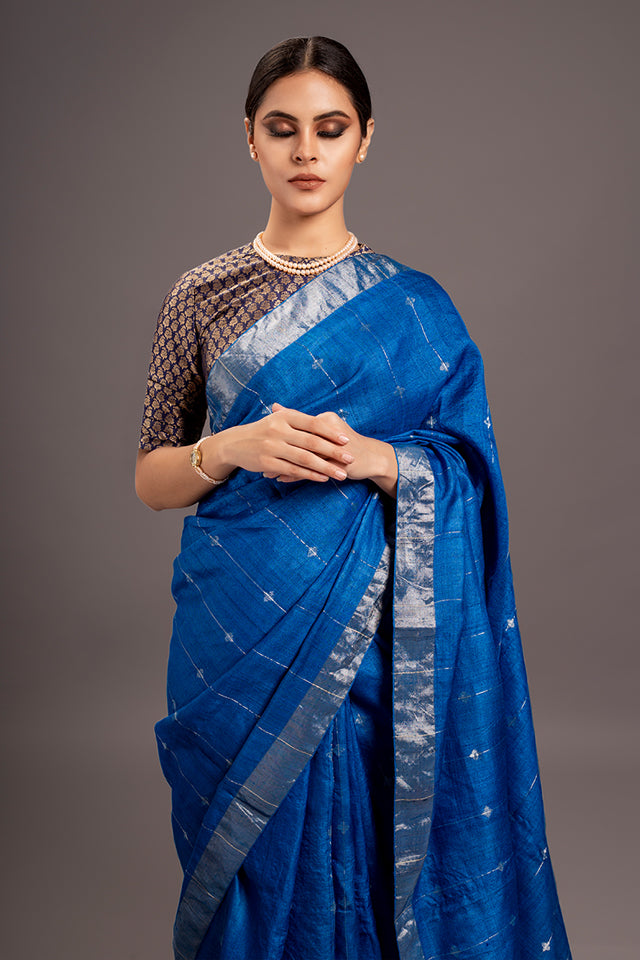 Peacock Blue Zari Jamdani Pure Tussar Handloom Sari