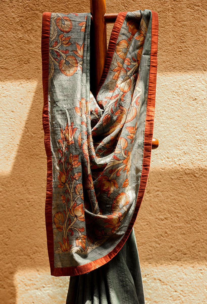 Water Lily Pure Tussar Kalamkari Handloom Sari