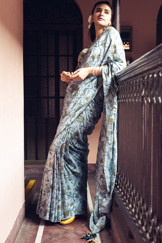 Aqua and Ochre Pattern Linen Handloom Sari