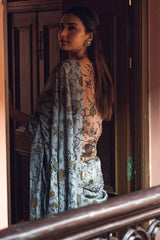 Aqua and Ochre Pattern Linen Handloom Sari