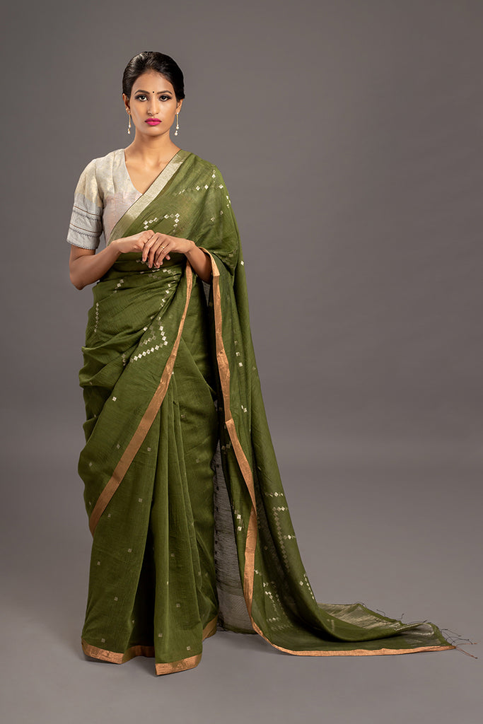 Olive Green Zari Jamdani Tussar Khadi Handloom Sari