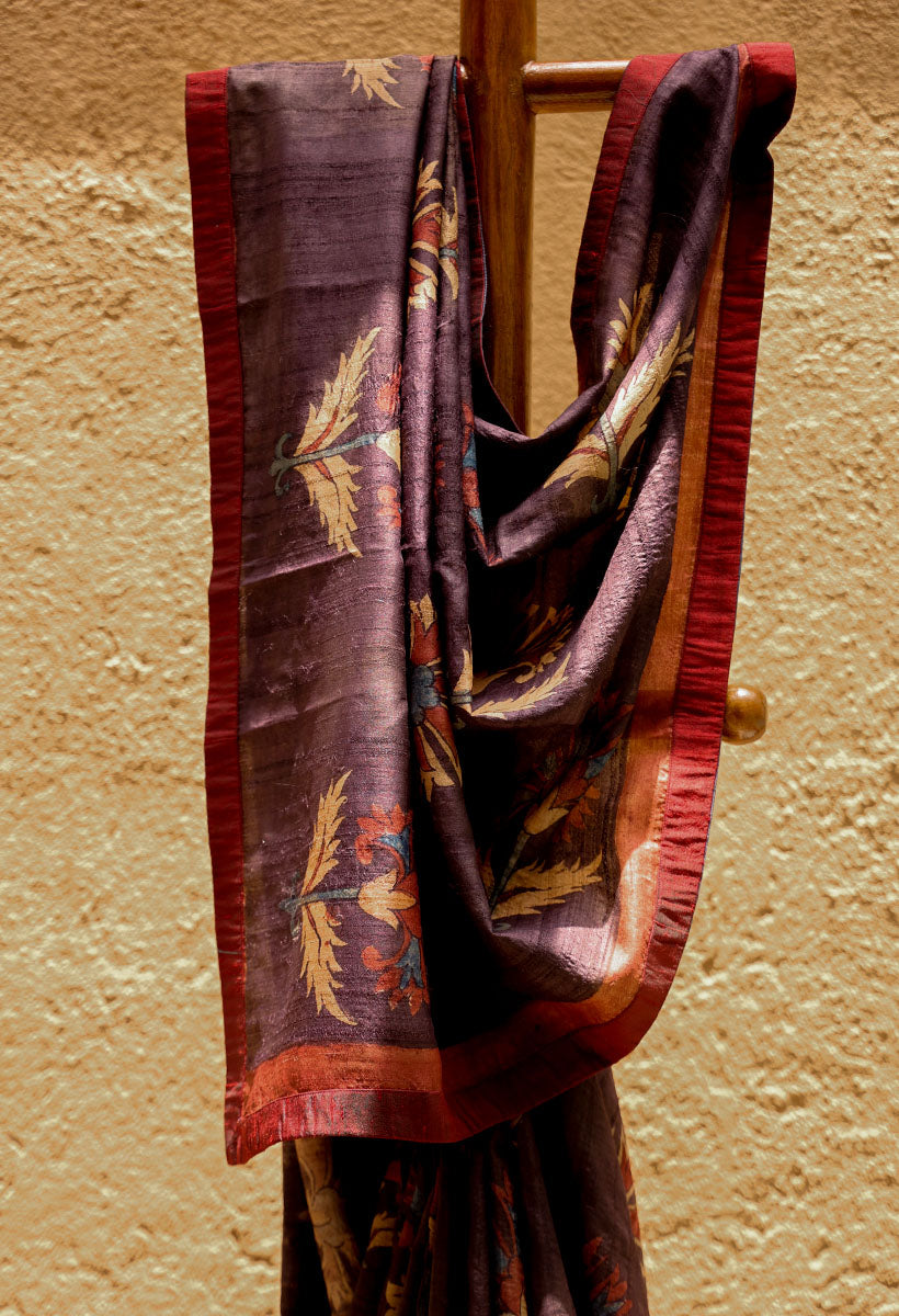 Hibiscus Pure Tussar Kalamkari Handloom Sari