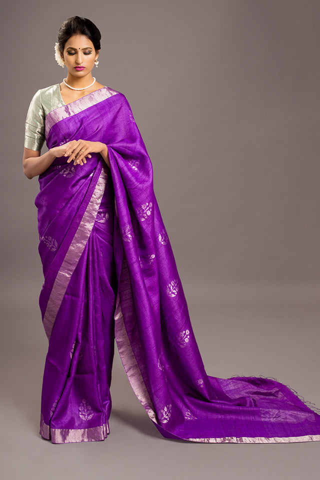 Verbena Purple Jamdani Pure Tussar Handloom Silk Sari