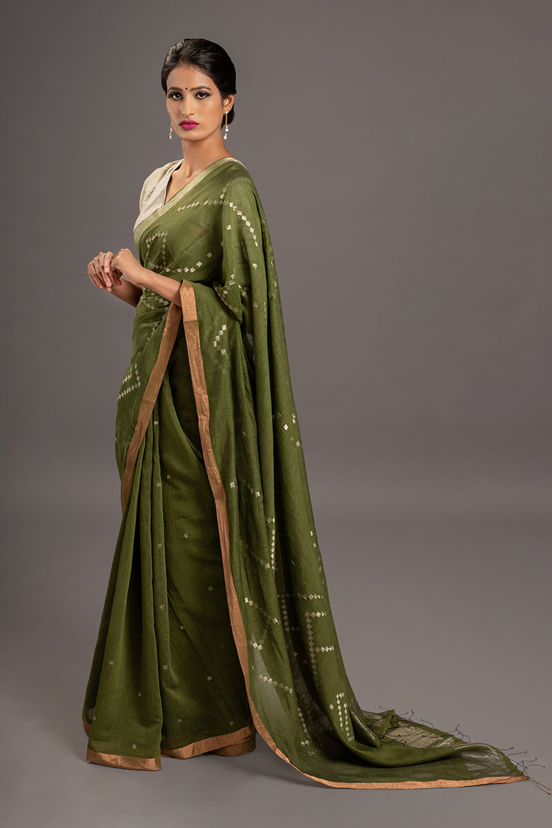 Olive Green Zari Jamdani Tussar Khadi Handloom Sari