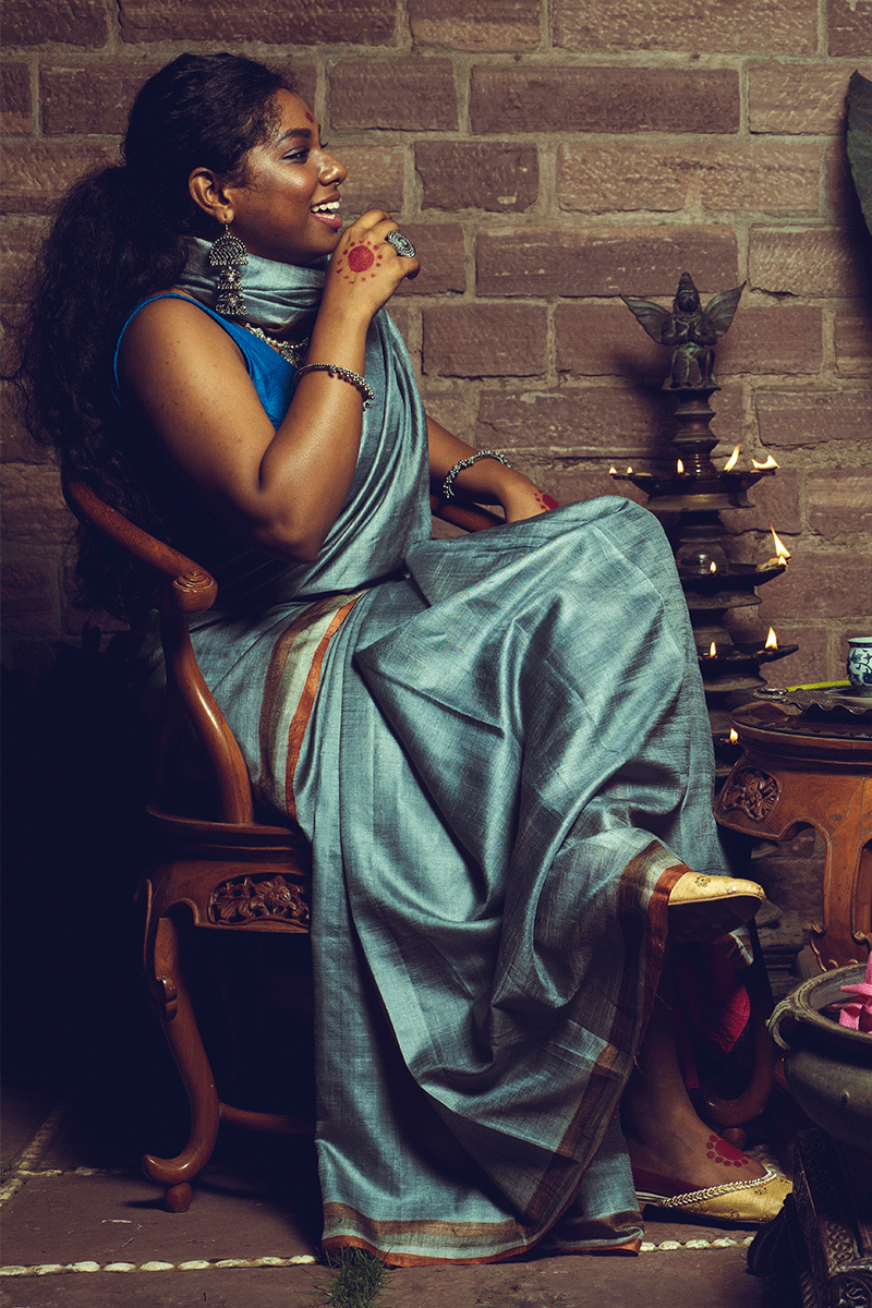 Sea Blue Handpainted Pure Kosa Handloom Sari