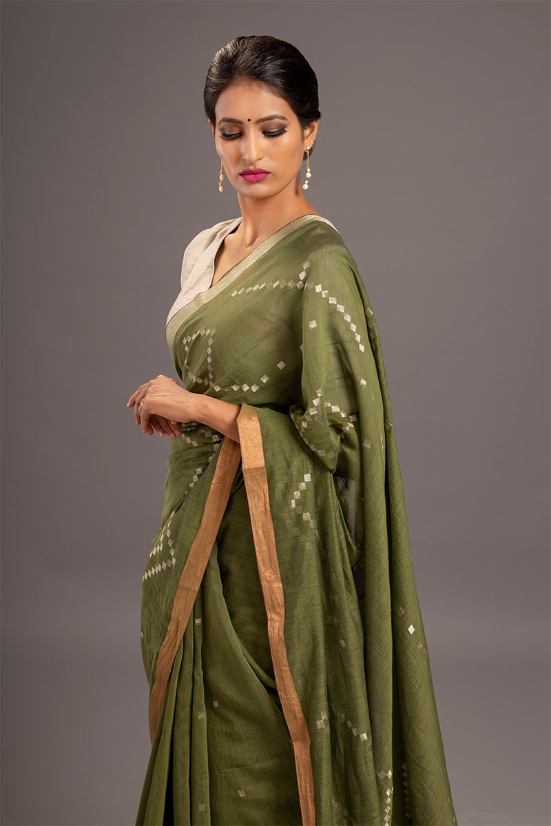 Olive Green Zari Jamdani Tussar Khadi Handloom Sari