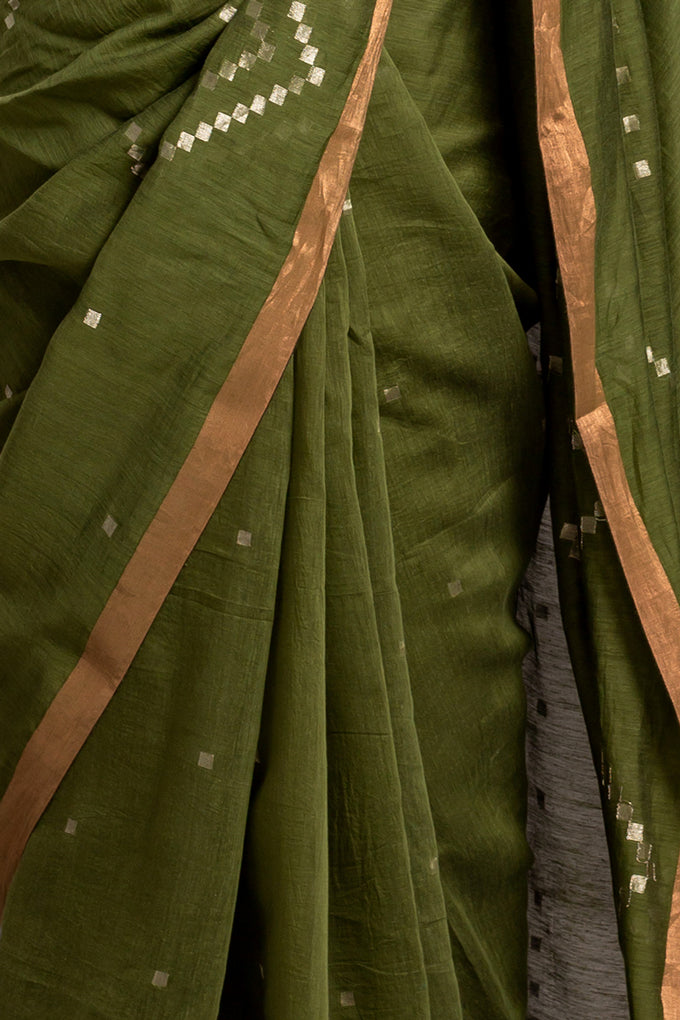 Olive Green Zari Jamdani Tussar Khadi Handloom Sari