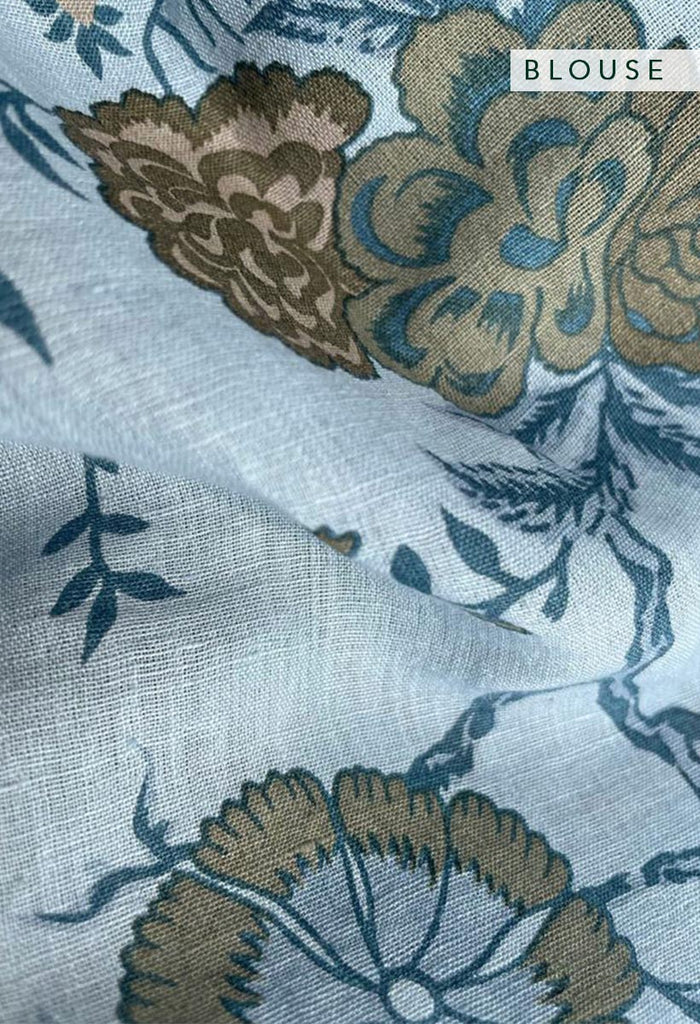 Aqua and Ochre Pattern Linen Handloom Sari
