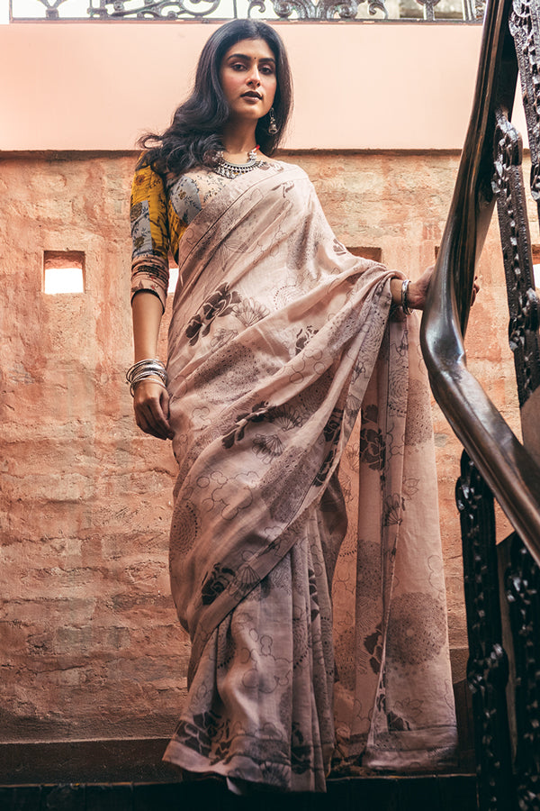 Brown Dhalia Linen Handloom Sari