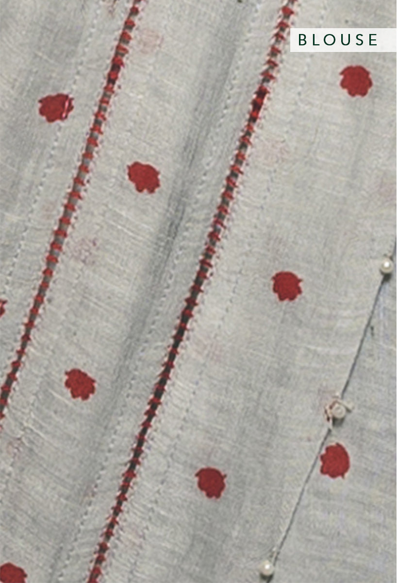 'Malini' Floral Polka Grey Linen Handloom Sari