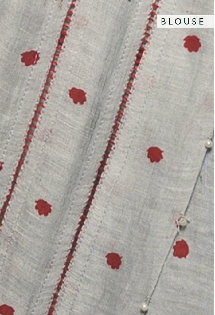 'Malini' Floral Polka Grey Linen Handloom Sari