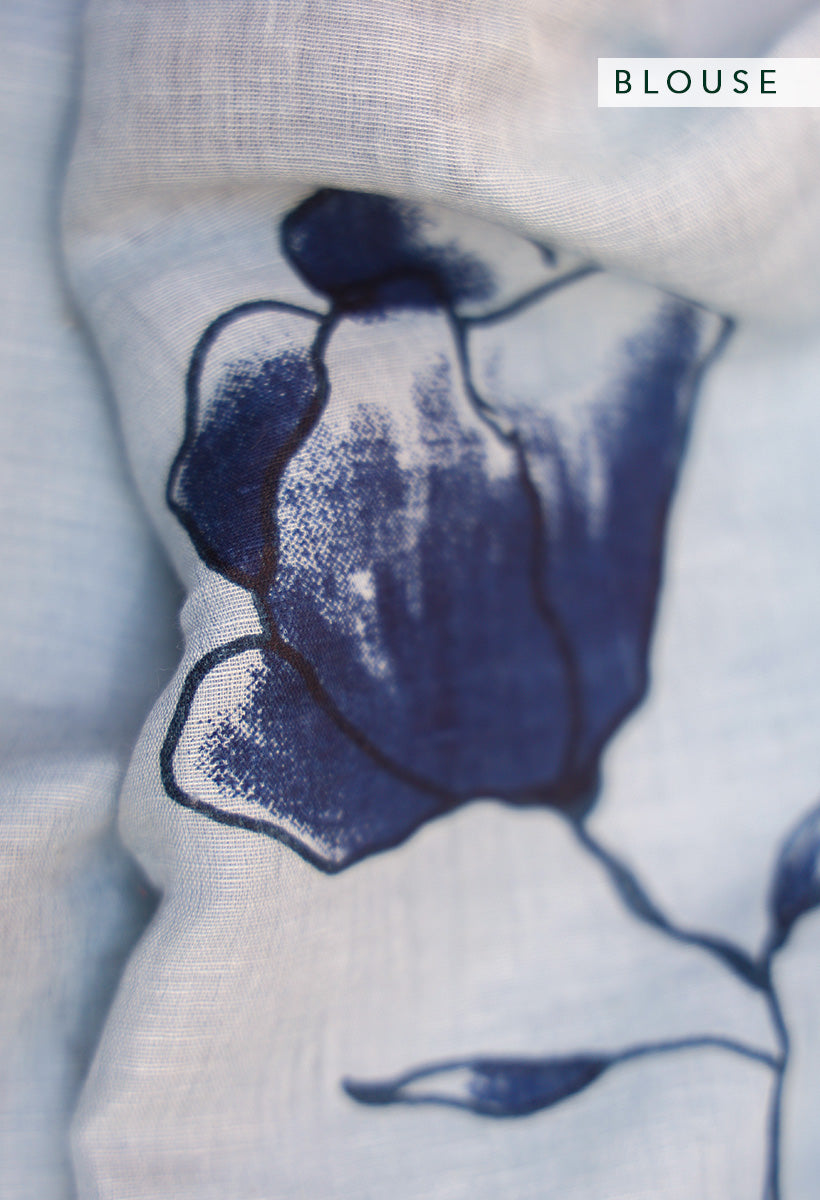 Indigo Poppy Flower Linen Handloom sari