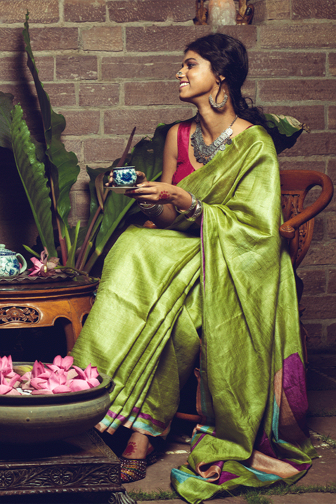 Lime Handpainted Pure Kosa Handloom Sari