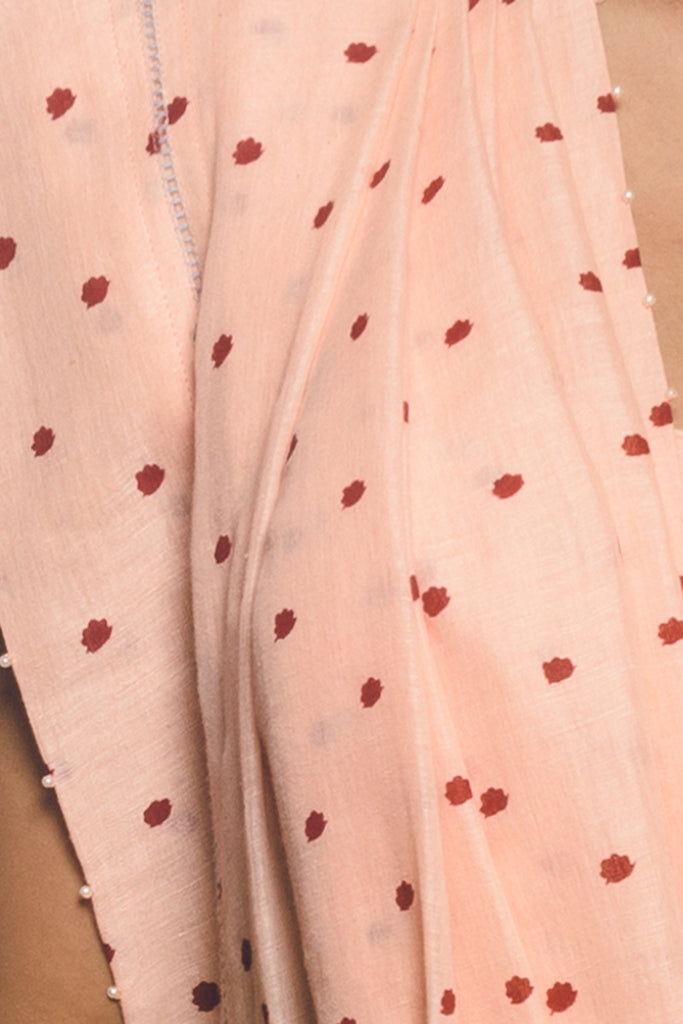 'Malini' Floral Polka Peach Linen Handloom Sari