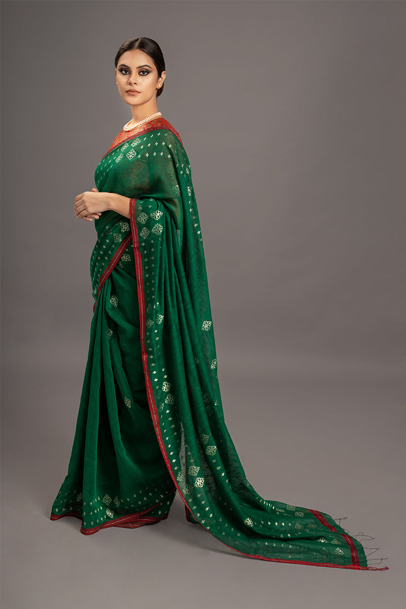 Forest Green Zari Jamdani Tussar Khadi Handloom Sari