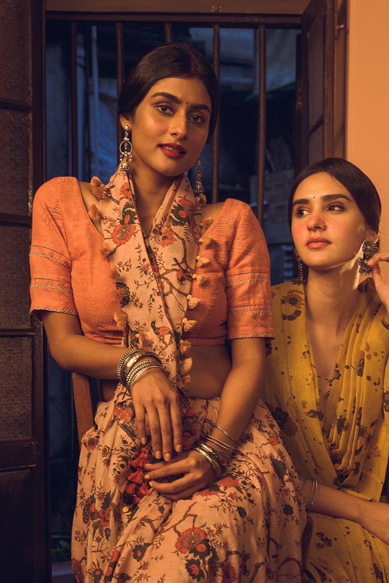 Forest Pattern Brown Linen Handloom Sari