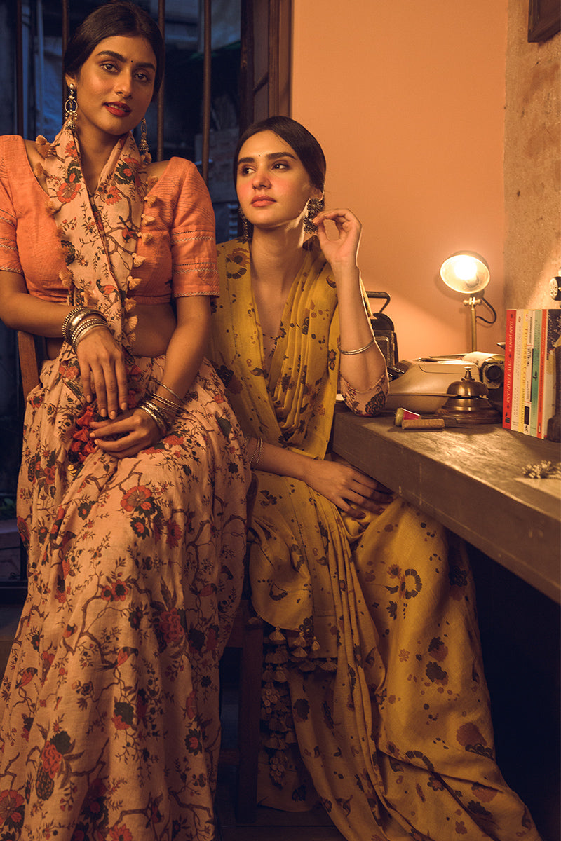 'Manjari' Spring flowers Linen Handloom Sari