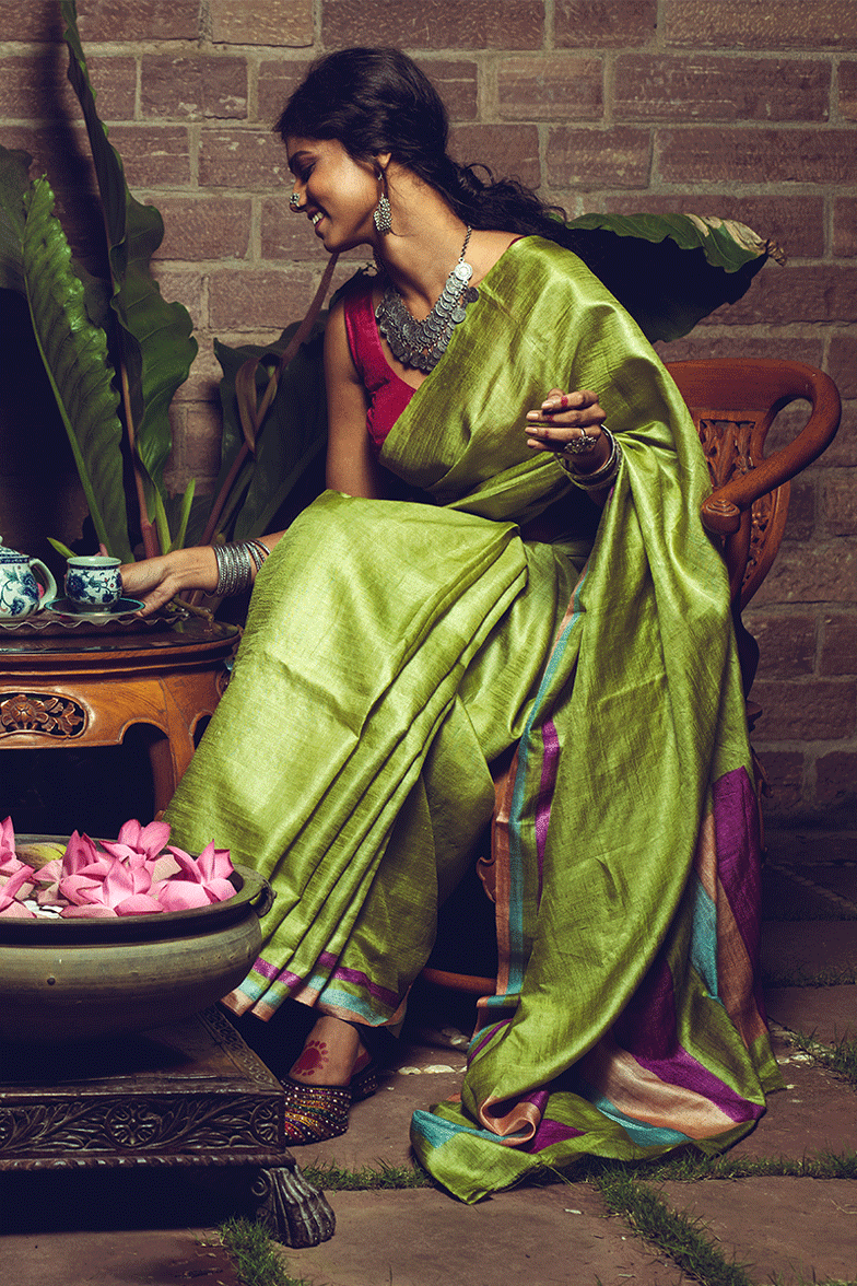 Lime Handpainted Pure Kosa Handloom Sari