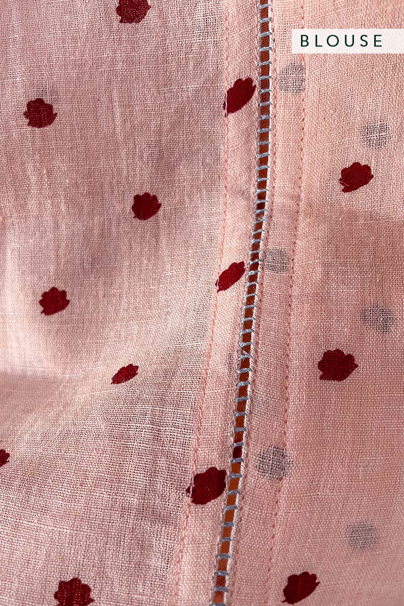 'Malini' Floral Polka Peach Linen Handloom Sari