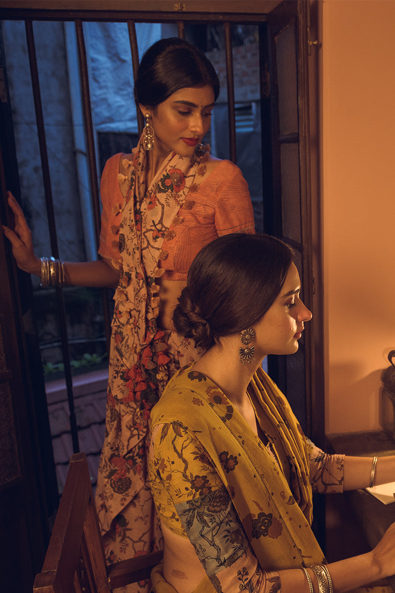 Forest Pattern Brown Linen Handloom Sari