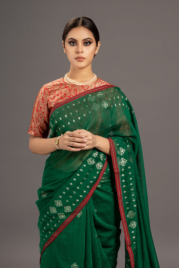Forest Green Zari Jamdani Tussar Khadi Handloom Sari