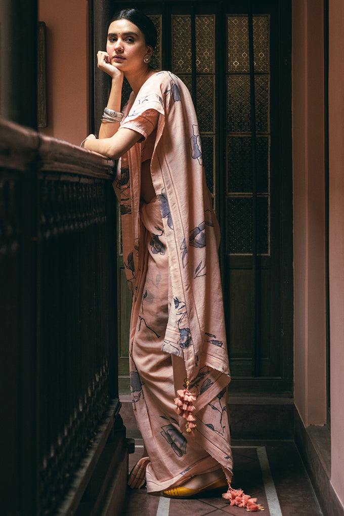 Grey Poppy on Peach Linen Handloom Sari